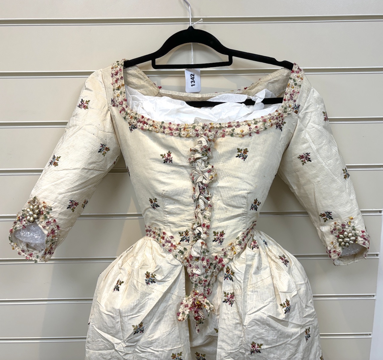 A rare 18th century, possibly Spitalfields, cream silk ladies dress, circa 1770-1780, made in the English style